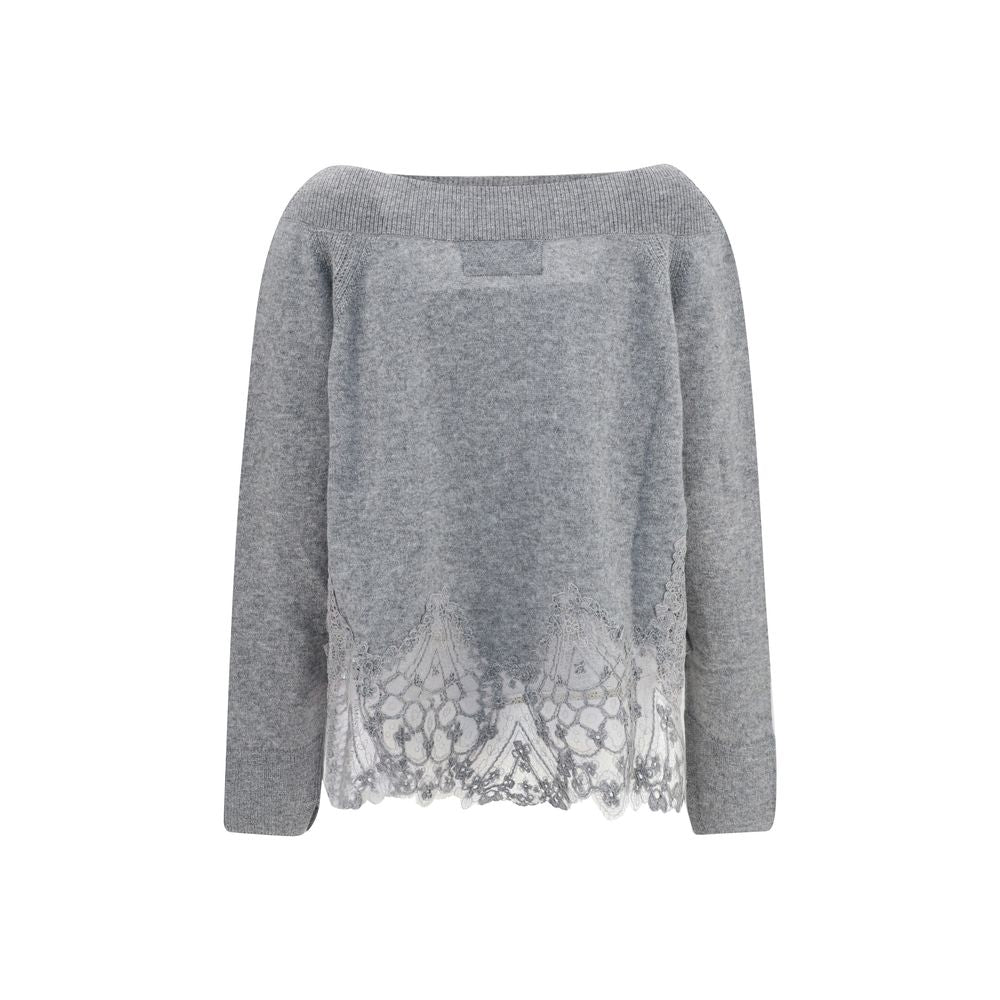 Sweater by Ermanno Scervino for women in cashmere & capra leather gray features an polished silhouette, showcasing refined and a sophisticated boat neckline for a truly polished finish.