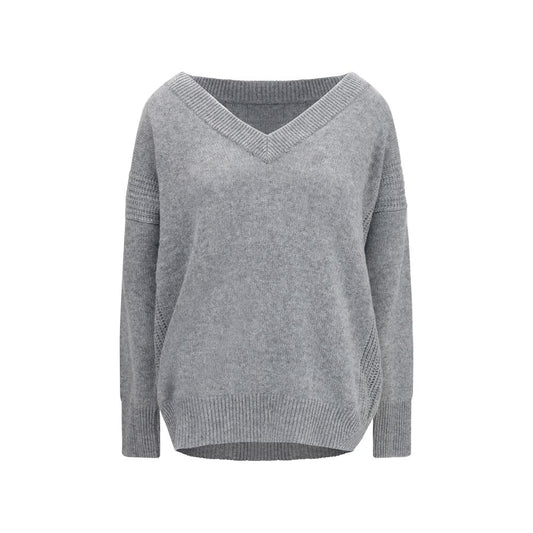 Sweatshirt by Ermanno Scervino for women in silk cashmere & capra leather gray & patterned features an exquisite silhouette, showcasing long-sleeve and v-neck neckline details for a exquisite look.