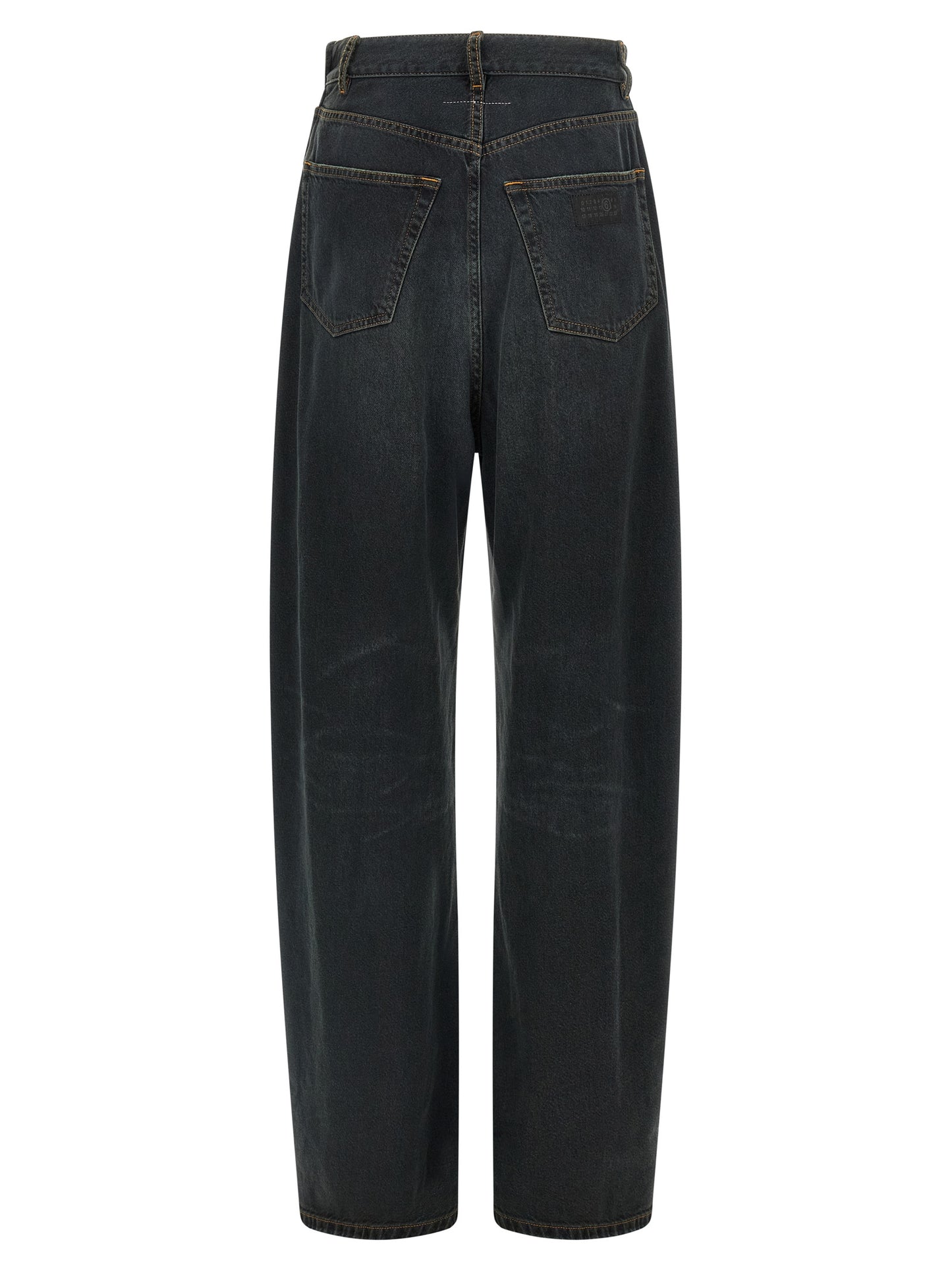 Jeans by MM6 Maison Margiela for women in denim cotton blue, dark-gray, orange, white & signature presents a refined pantology silhouette, artfully defined by a refined pantology flared & wide, long, and a sophisticated .