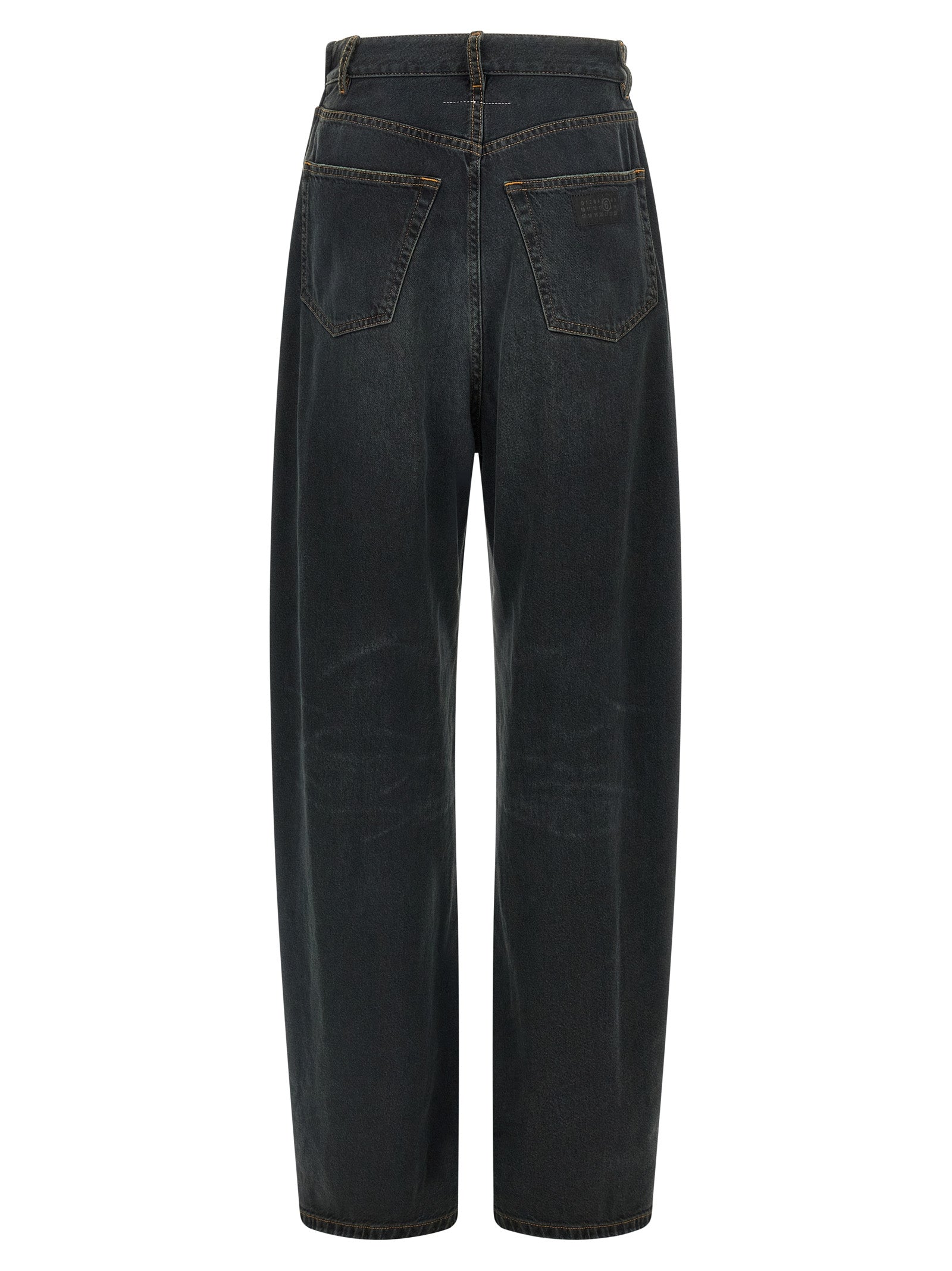 Jeans by MM6 Maison Margiela for women in denim cotton blue, dark-gray, orange, white & signature presents a refined pantology silhouette, artfully defined by a refined pantology flared & wide, long, and a sophisticated .