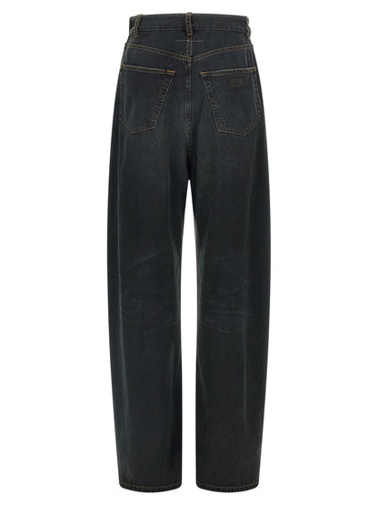 Jeans by MM6 Maison Margiela for women in denim cotton blue, dark-gray, orange, white & signature presents a refined pantology silhouette, artfully defined by a refined pantology flared & wide, long, and a sophisticated .