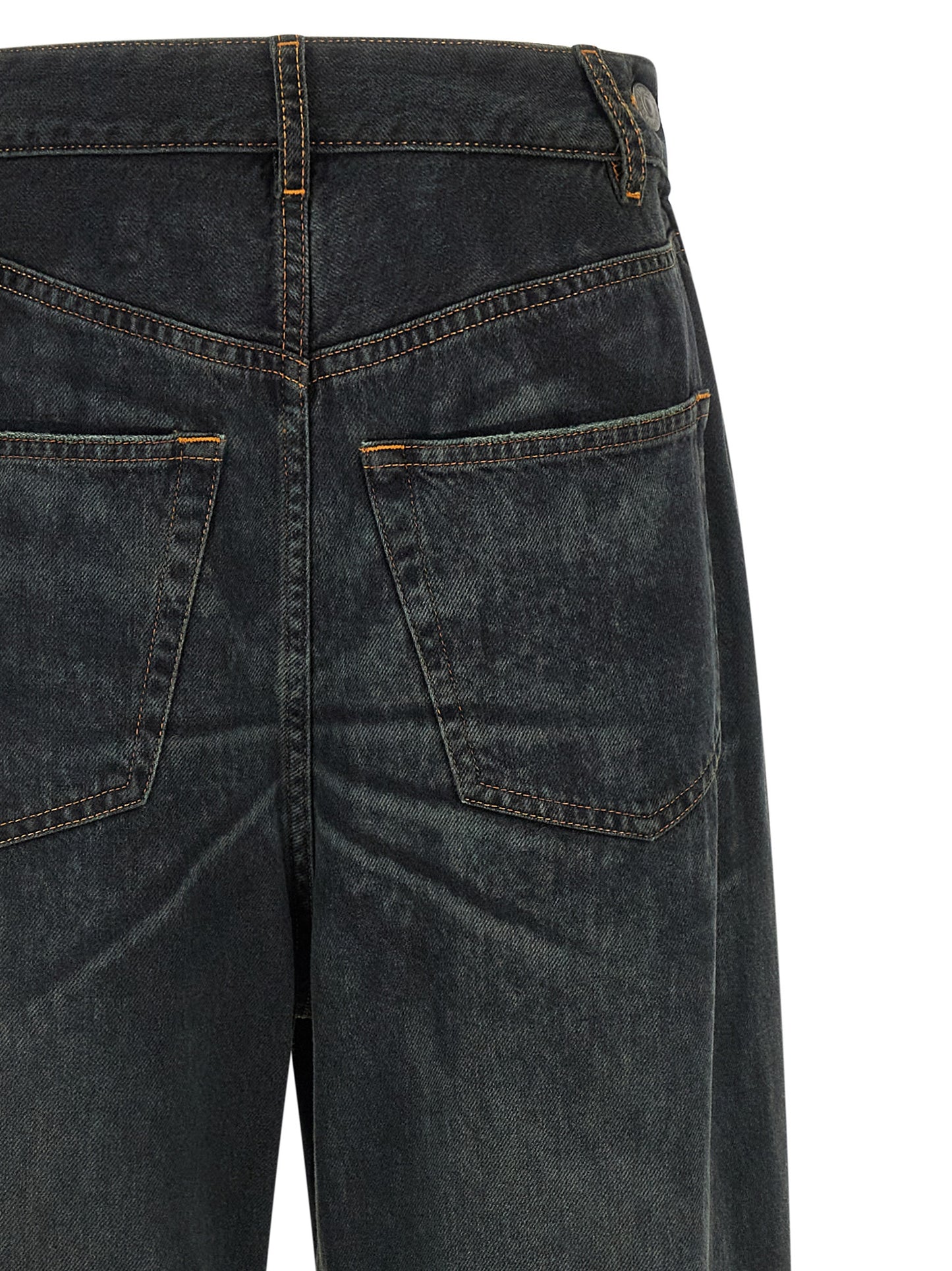 Jeans by MM6 Maison Margiela for women in denim cotton blue, dark-gray, orange, white & signature features an refined tailoring silhouette, showcasing a premium flared & wide with a and long cut for a refined tailoring look.