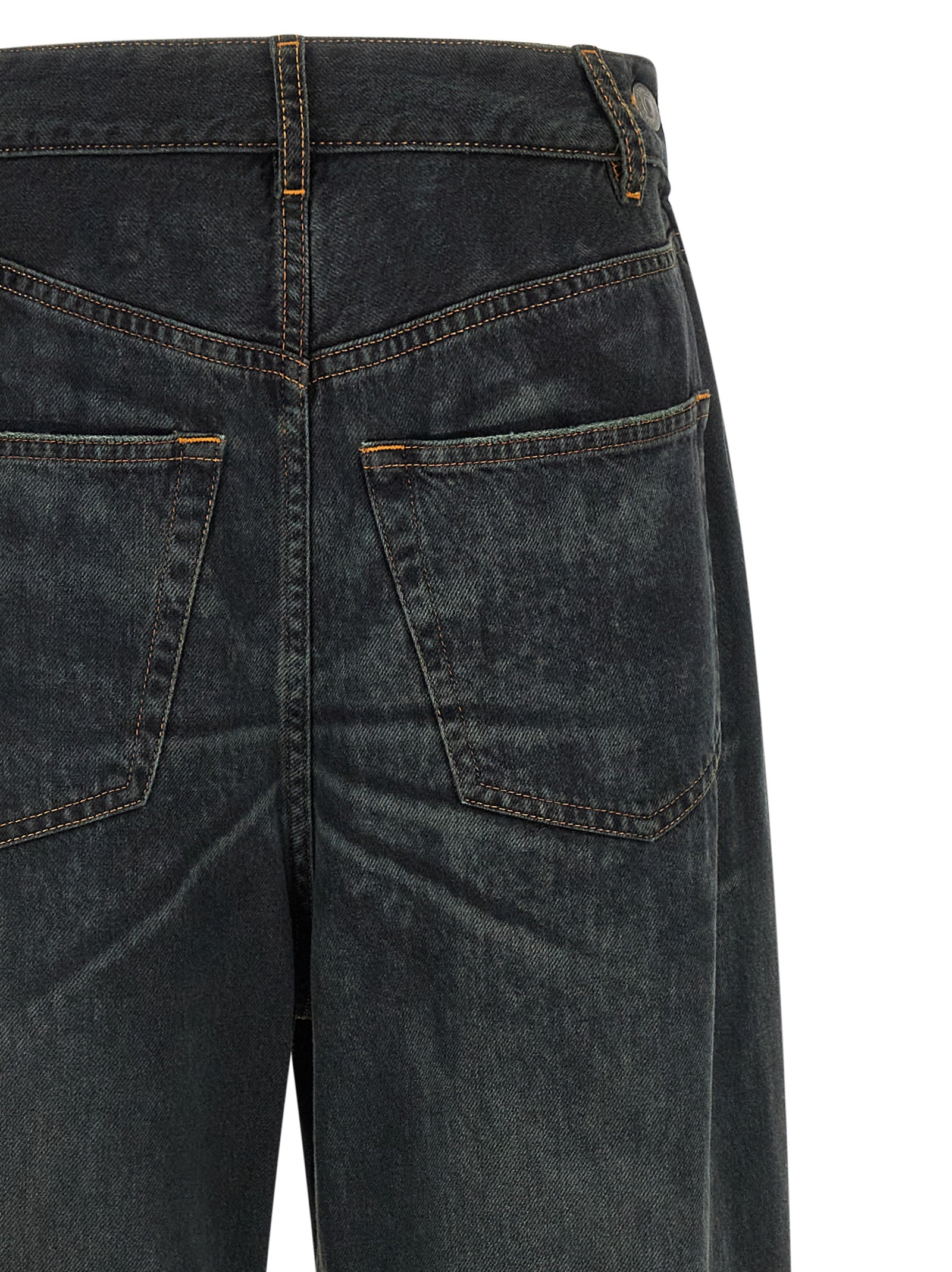 Jeans by MM6 Maison Margiela for women in denim cotton blue, dark-gray, orange, white & signature features an refined tailoring silhouette, showcasing a premium flared & wide with a and long cut for a refined tailoring look.