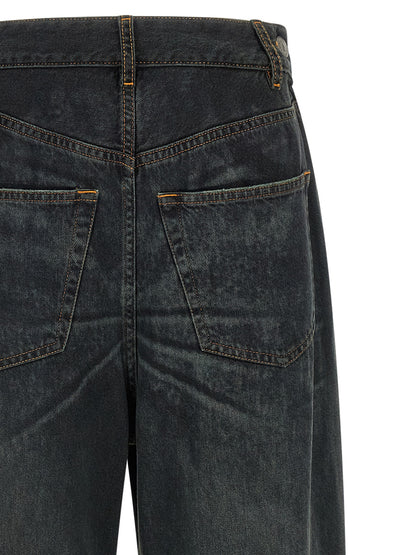 Jeans by MM6 Maison Margiela for women in denim cotton blue, dark-gray, orange, white & signature features an refined tailoring silhouette, showcasing a premium flared & wide with a and long cut for a refined tailoring look.