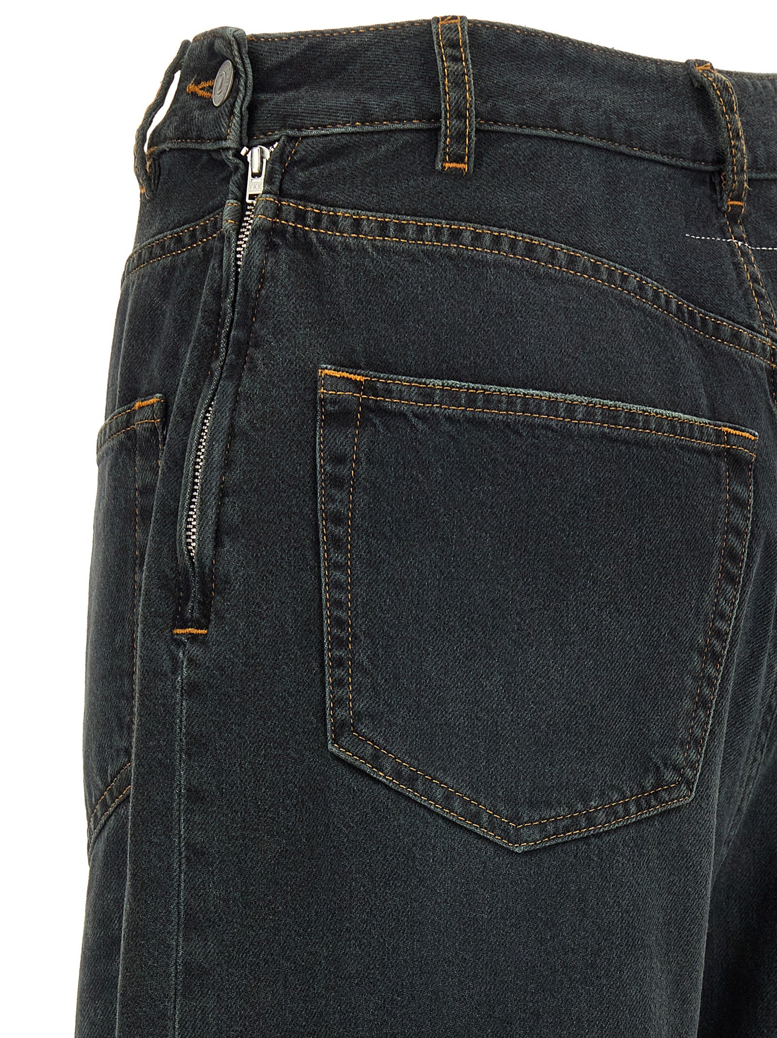 Jeans by MM6 Maison Margiela for women in denim cotton blue, dark-gray, orange, white & signature features an sartorial flared & wide and long with a cut for a sartorial finish.