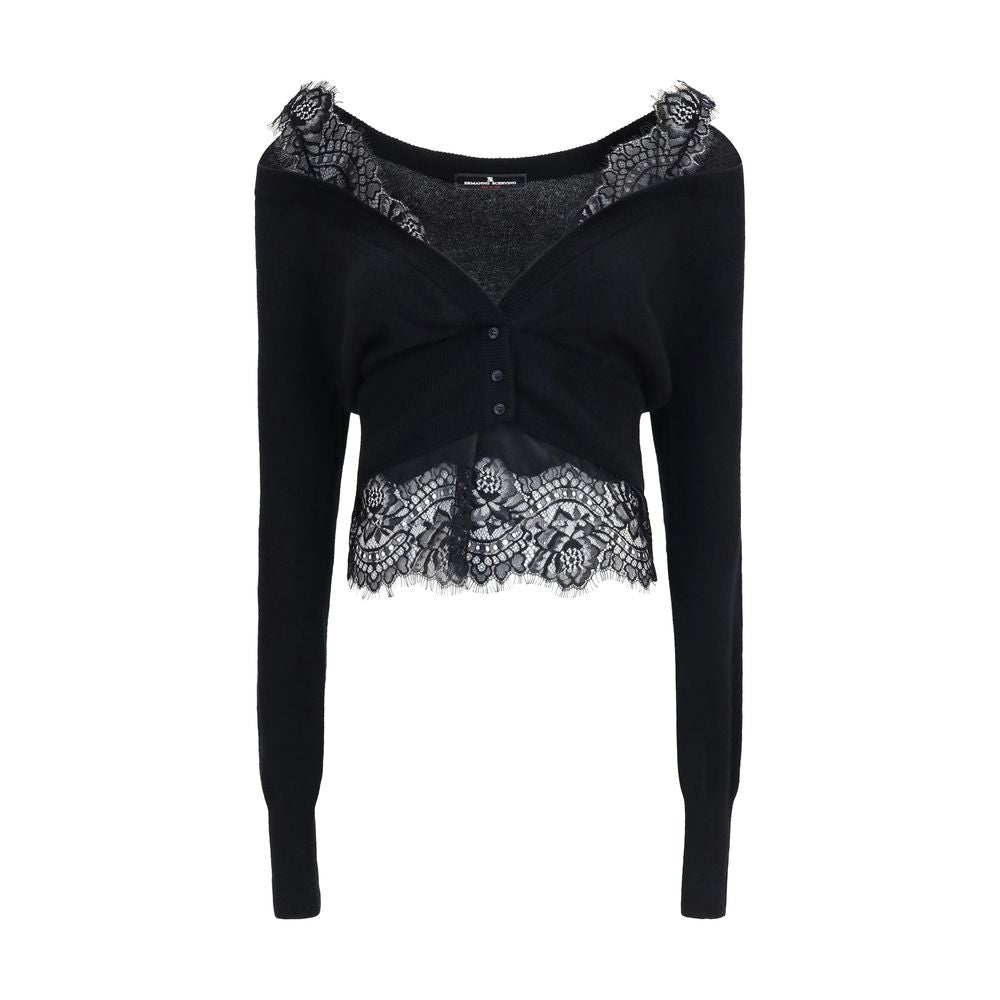Cardigan by Ermanno Scervino for women in cashmere & capra leather black features an impeccable silhouette, showcasing a sophisticated and long-sleeve detail for a truly impeccable finish.
