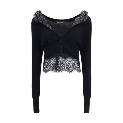 Cardigan by Ermanno Scervino for women in cashmere & capra leather black features an impeccable silhouette, showcasing a sophisticated and long-sleeve detail for a truly impeccable finish.