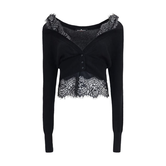 Cardigan by Ermanno Scervino for women in cashmere & capra leather black features an impeccable silhouette, showcasing a sophisticated and long-sleeve detail for a truly impeccable finish.
