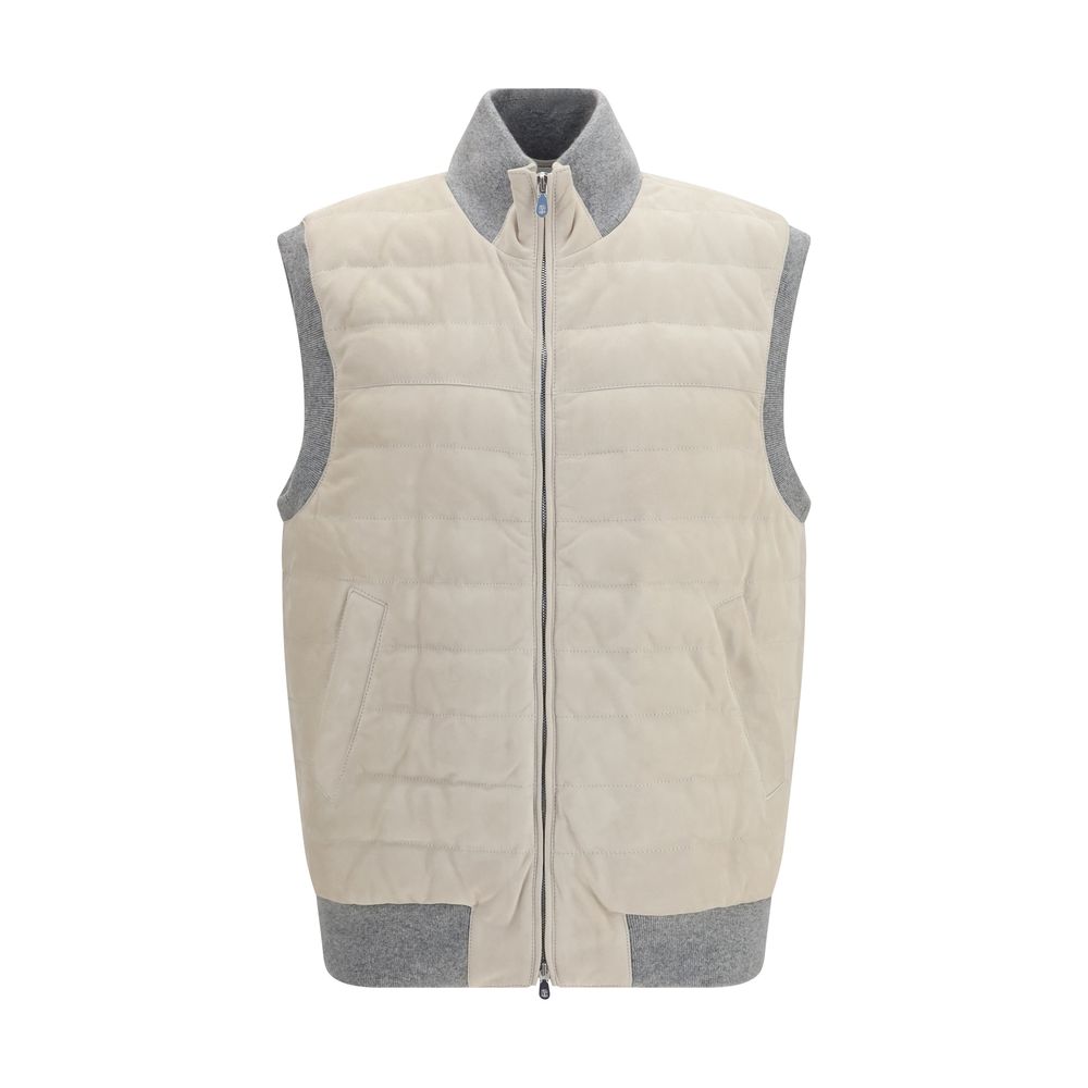 Vest by Brunello Cucinelli for men in bos taurus calf leather & goose-down beige showcases a utilitarian silhouette, artfully incorporating pockets & insulated and a utilitarian stand-collar neckline for a truly utilitarian finish.