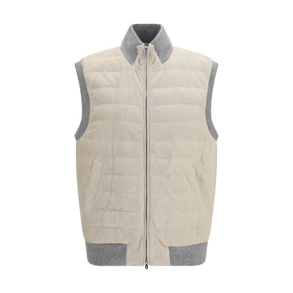 Vest by Brunello Cucinelli for men in bos taurus calf leather & goose-down beige showcases a utilitarian silhouette, artfully incorporating pockets & insulated and a utilitarian stand-collar neckline for a truly utilitarian finish.