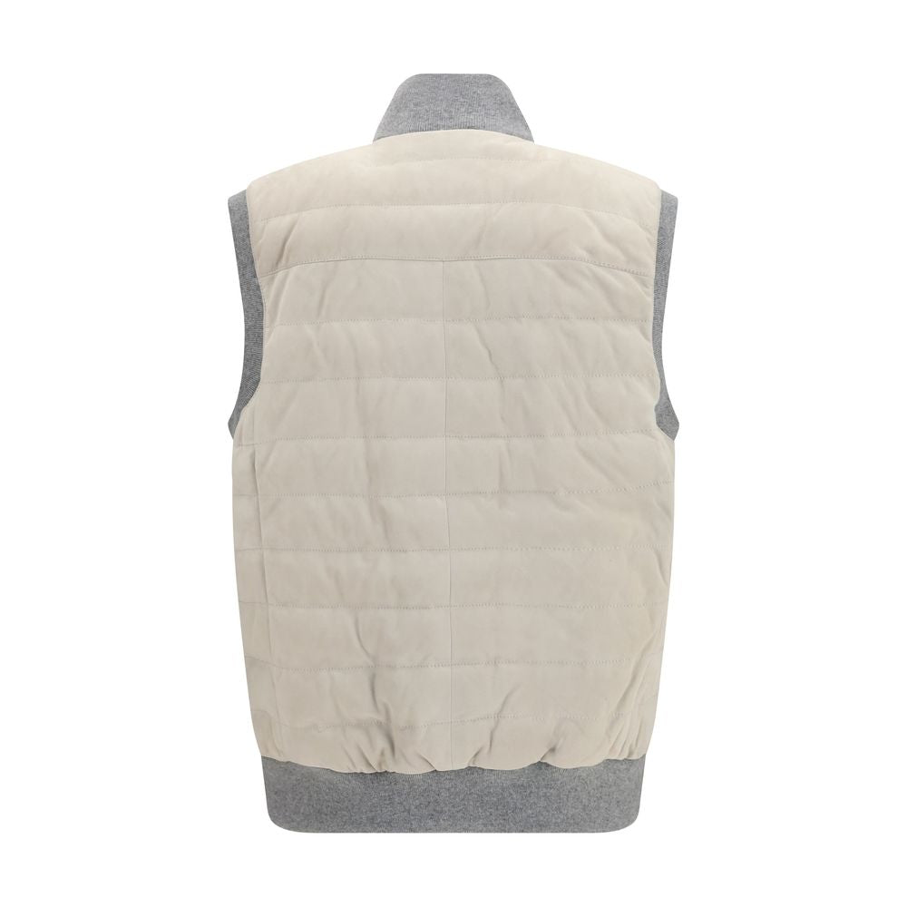 Vest by Brunello Cucinelli for men in bos taurus calf leather & goose-down beige features an on trend silhouette, showcasing a sophisticated stand-collar neckline and premium pockets & insulated for a truly on trend finish.