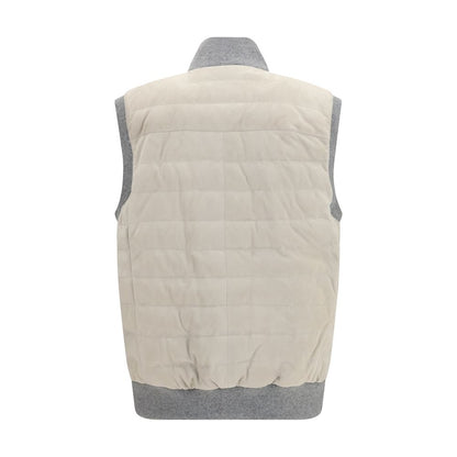 Vest by Brunello Cucinelli for men in bos taurus calf leather & goose-down beige features an on trend silhouette, showcasing a sophisticated stand-collar neckline and premium pockets & insulated for a truly on trend finish.