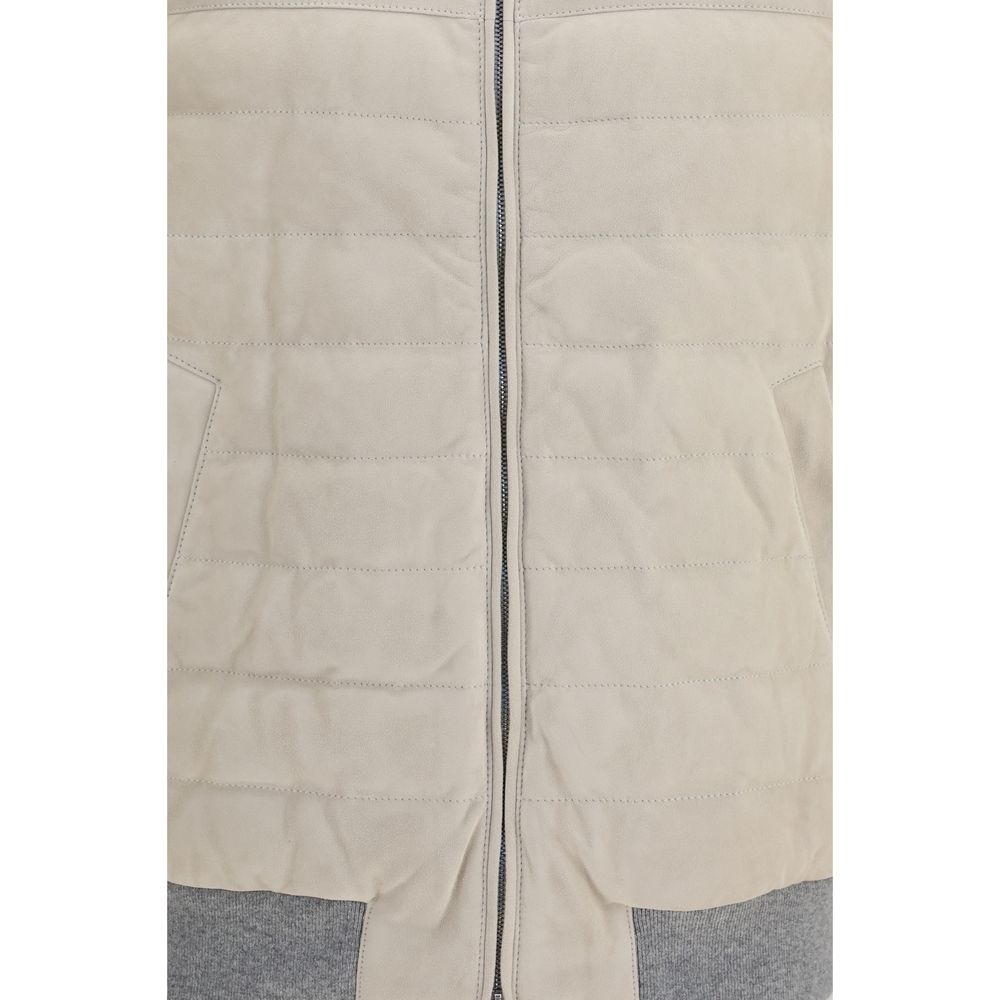 Vest by Brunello Cucinelli for men in bos taurus calf leather & goose-down beige features a stylish silhouette, showcasing distinct pockets & insulated and a refined for a truly stylish finish.