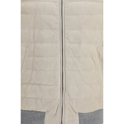 Vest by Brunello Cucinelli for men in bos taurus calf leather & goose-down beige features a stylish silhouette, showcasing distinct pockets & insulated and a refined for a truly stylish finish.