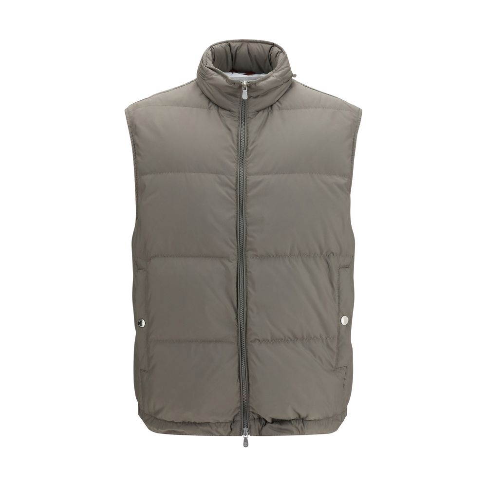 Vest by Brunello Cucinelli for men in polyester gray features a chic silhouette, expertly detailed with a refined high-collar neckline and premium pockets & insulated for a truly chic look.