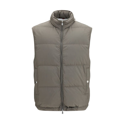 Vest by Brunello Cucinelli for men in polyester gray features a chic silhouette, expertly detailed with a refined high-collar neckline and premium pockets & insulated for a truly chic look.