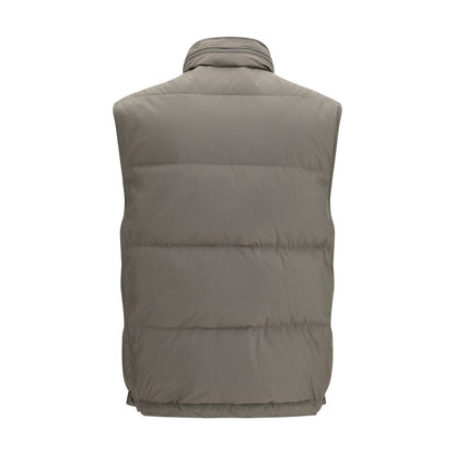 Vest by Brunello Cucinelli for men in polyester gray features a enviable silhouette, elegantly detailed with a enviable high-collar neckline and functional pockets & insulated for a enviable finish.
