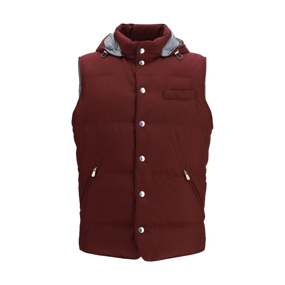 Hooded Vest by Brunello Cucinelli for men in polyester beige, black, bordeaux & red showcases a dynamic silhouette, perfectly balancing hooded with a dynamic hooded neckline for a sophisticated, high-fashion look.