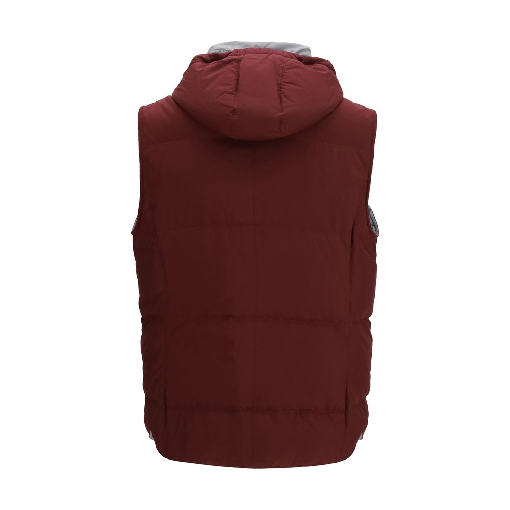 Hooded Vest by Brunello Cucinelli for men in polyester beige, black, bordeaux & red features a stylish silhouette, showcasing distinct hooded and a refined hooded neckline for a truly stylish finish.