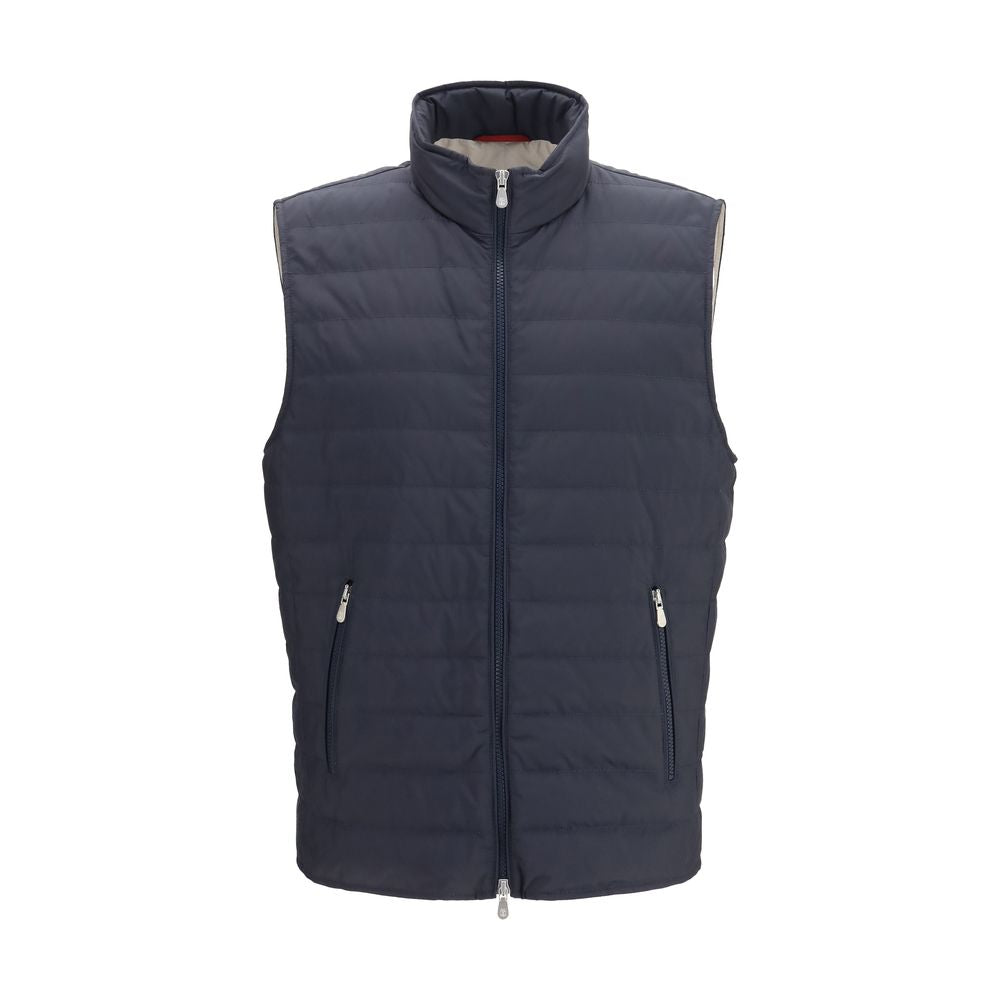 Vest by Brunello Cucinelli for men in polyester blue features an on trend silhouette, showcasing a sophisticated high-collar neckline and premium pockets & insulated for a truly on trend finish.