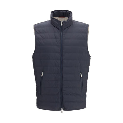 Vest by Brunello Cucinelli for men in polyester blue features an on trend silhouette, showcasing a sophisticated high-collar neckline and premium pockets & insulated for a truly on trend finish.