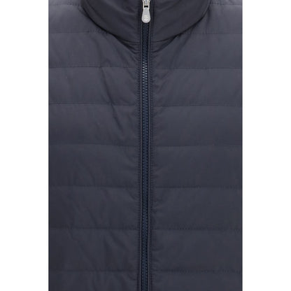 Vest by Brunello Cucinelli for men in polyester blue features a chic silhouette, expertly detailed with a refined high-collar neckline and premium pockets & insulated for a truly chic look.