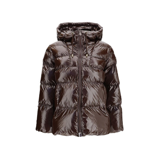 Hooded Puffer Jacket by PINKO for women in polyamide & polyester brown presents a effortlessly chic silhouette, showcasing a sophisticated hooded neckline and premium pockets, hooded & insulated for a truly effortlessly chic finish.