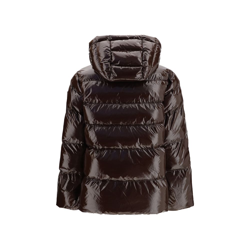 Hooded Puffer Jacket by PINKO for women in polyamide & polyester brown features a dramatic silhouette, showcasing a sophisticated hooded neckline and distinctive pockets, hooded & insulated for a dramatic aesthetic.