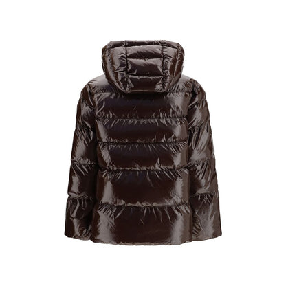 Hooded Puffer Jacket by PINKO for women in polyamide & polyester brown features a dramatic silhouette, showcasing a sophisticated hooded neckline and distinctive pockets, hooded & insulated for a dramatic aesthetic.