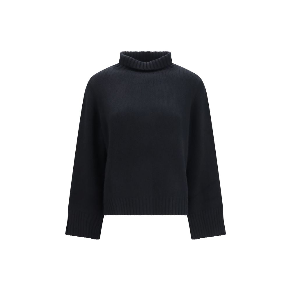 Sweater by Allude for women in cashmere & capra leather black showcases a sumptuous silhouette, artfully finished with a sumptuous turtle high-neck neckline and long-sleeve for a sophisticated, sumptuous look.