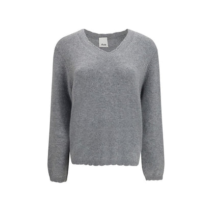 Sweater by Allude for women in cashmere & capra leather gray showcases a downtown chic silhouette, artfully finished with a downtown chic v-neck neckline and long-sleeve for a sophisticated, high-end look.