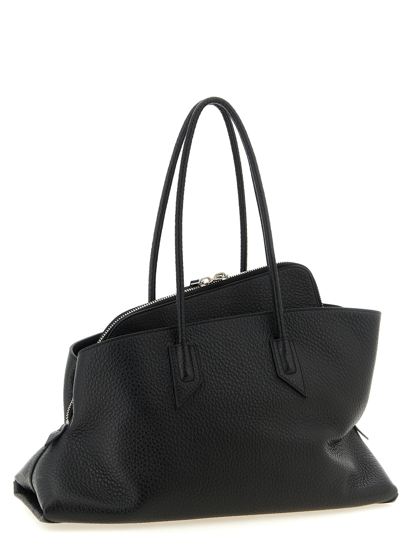 Medium Shoulder Bag by The Attico for women in bos taurus leather black & silver presents a versatile silhouette, showcasing a secure zipper and versatile with versatile shoulder-strap & handle for a sophisticated look.