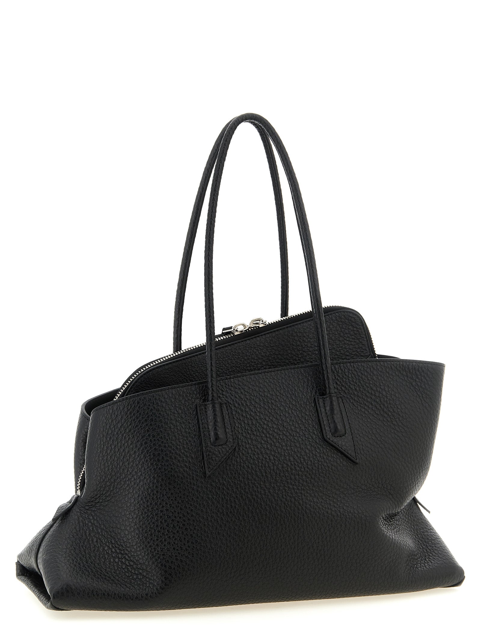 Medium Shoulder Bag by The Attico for women in bos taurus leather black & silver presents a versatile silhouette, showcasing a secure zipper and versatile with versatile shoulder-strap & handle for a sophisticated look.
