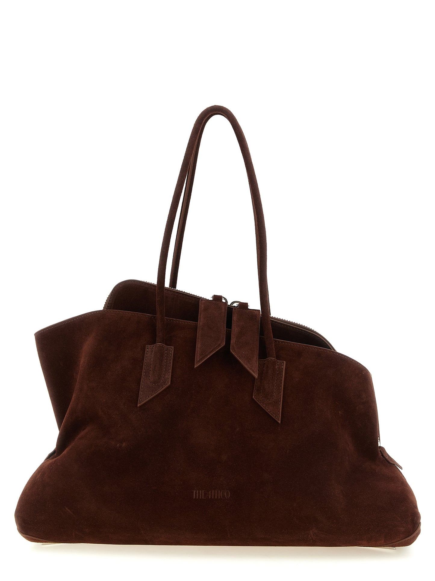 Medium Shoulder Bag by The Attico for women in bos taurus suede leather brown & silver features a distinguished silhouette, showcasing a secure zipper and distinguished with versatile shoulder-strap & handle for a distinguished finish.