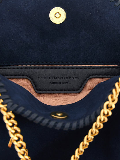 Crossbody Tote Handbag by Stella McCartney for women in polyamide suede leather blue & gold features a transformative elegance silhouette, showcasing a secure , organized , and versatile crossbody-strap, shoulder-strap & handle for a transformative elegance look.