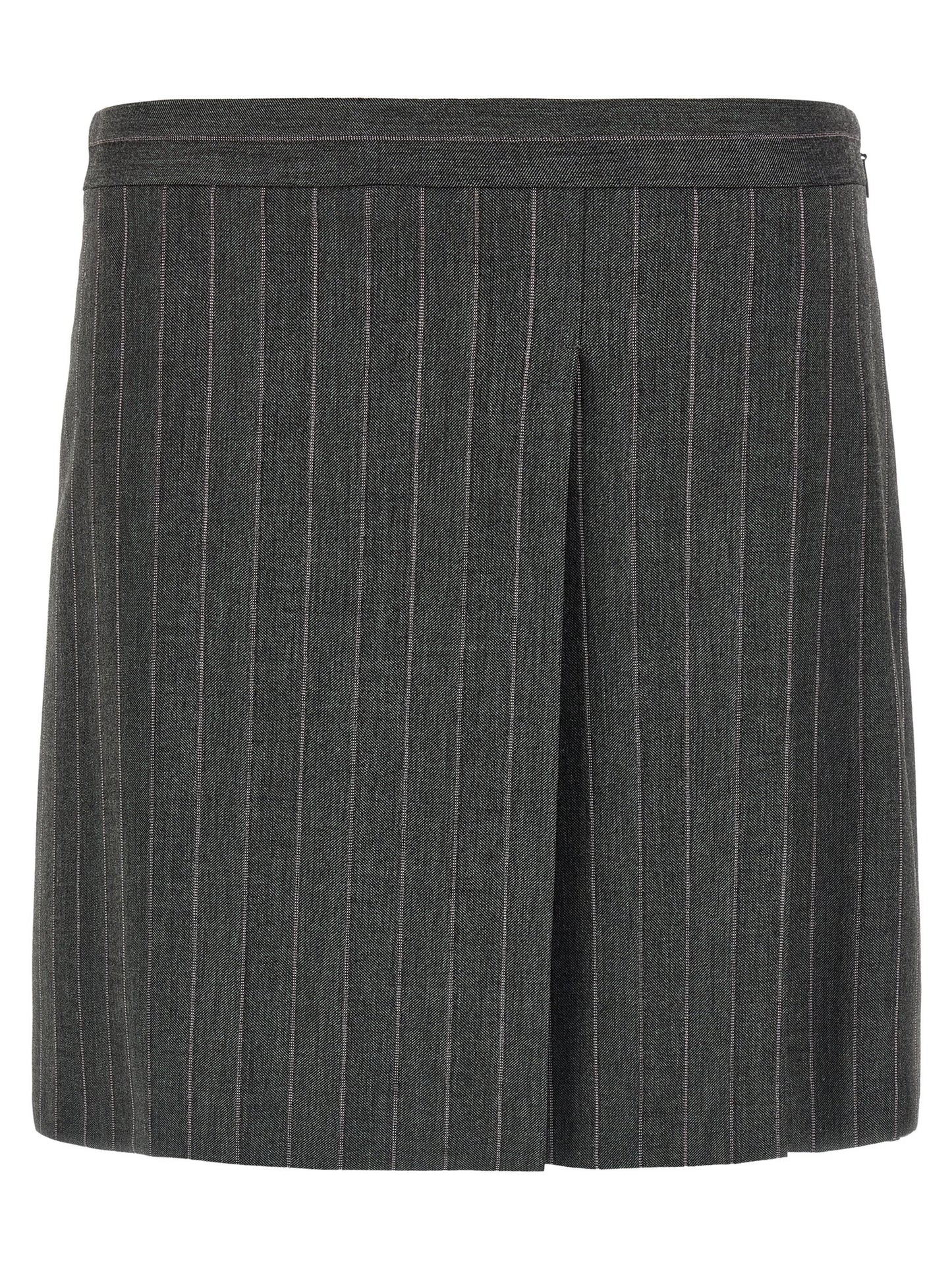 Skirt by PINKO for women in polyester & wool gray & pinstripe features a sublime silhouette, showcasing the sublime design of the Women's Flared Low Rise Polyester & Wool Skirt in a sophisticated mini long.