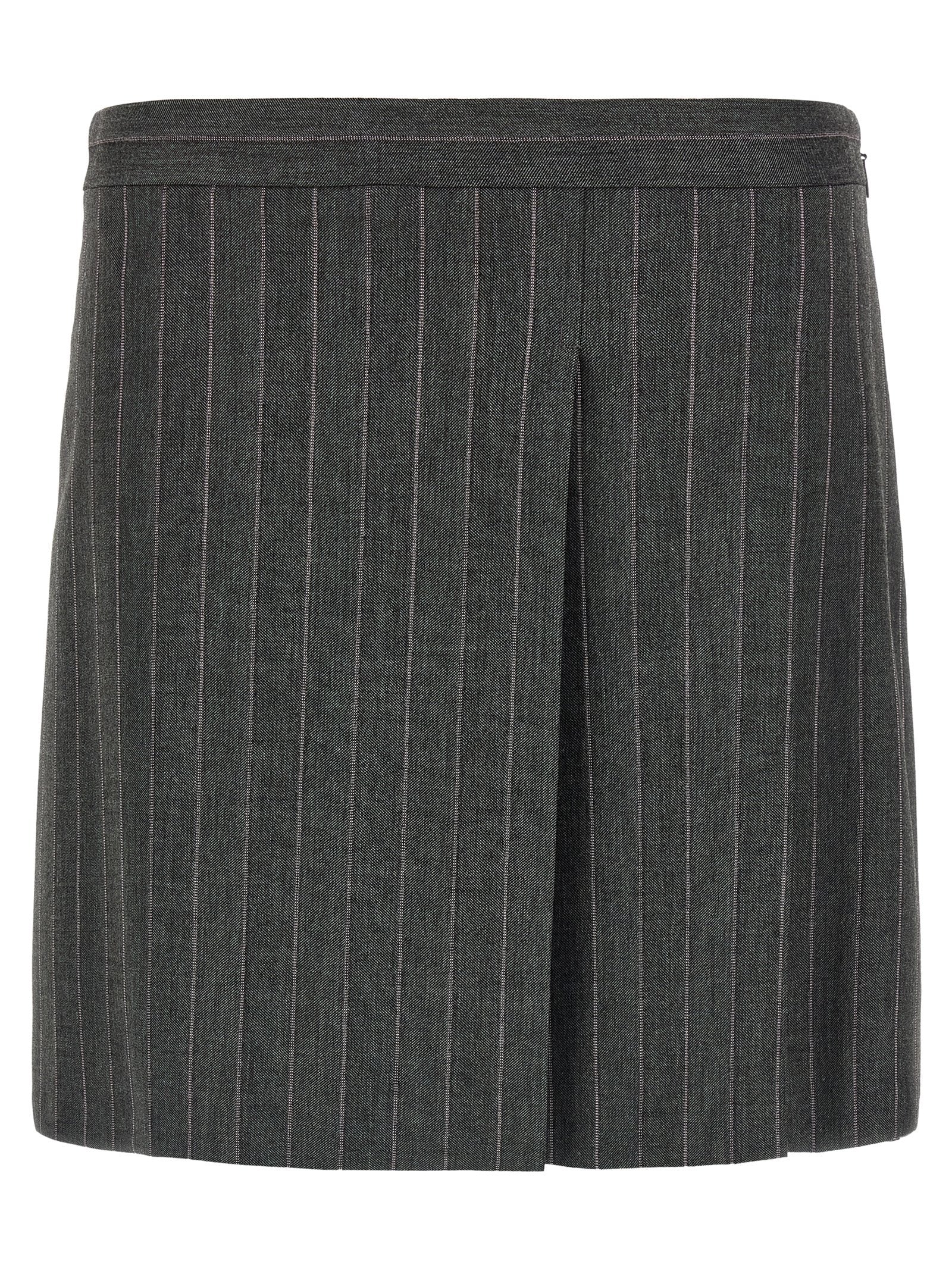 Skirt by PINKO for women in polyester & wool gray & pinstripe features a sublime silhouette, showcasing the sublime design of the Women's Flared Low Rise Polyester & Wool Skirt in a sophisticated mini long.
