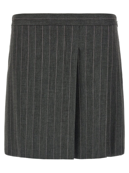 Skirt by PINKO for women in polyester & wool gray & pinstripe features a sublime silhouette, showcasing the sublime design of the Women's Flared Low Rise Polyester & Wool Skirt in a sophisticated mini long.