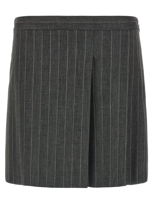 Skirt by PINKO for women in polyester & wool gray & pinstripe features a sublime silhouette, showcasing the sublime design of the Women's Flared Low Rise Polyester & Wool Skirt in a sophisticated mini long.