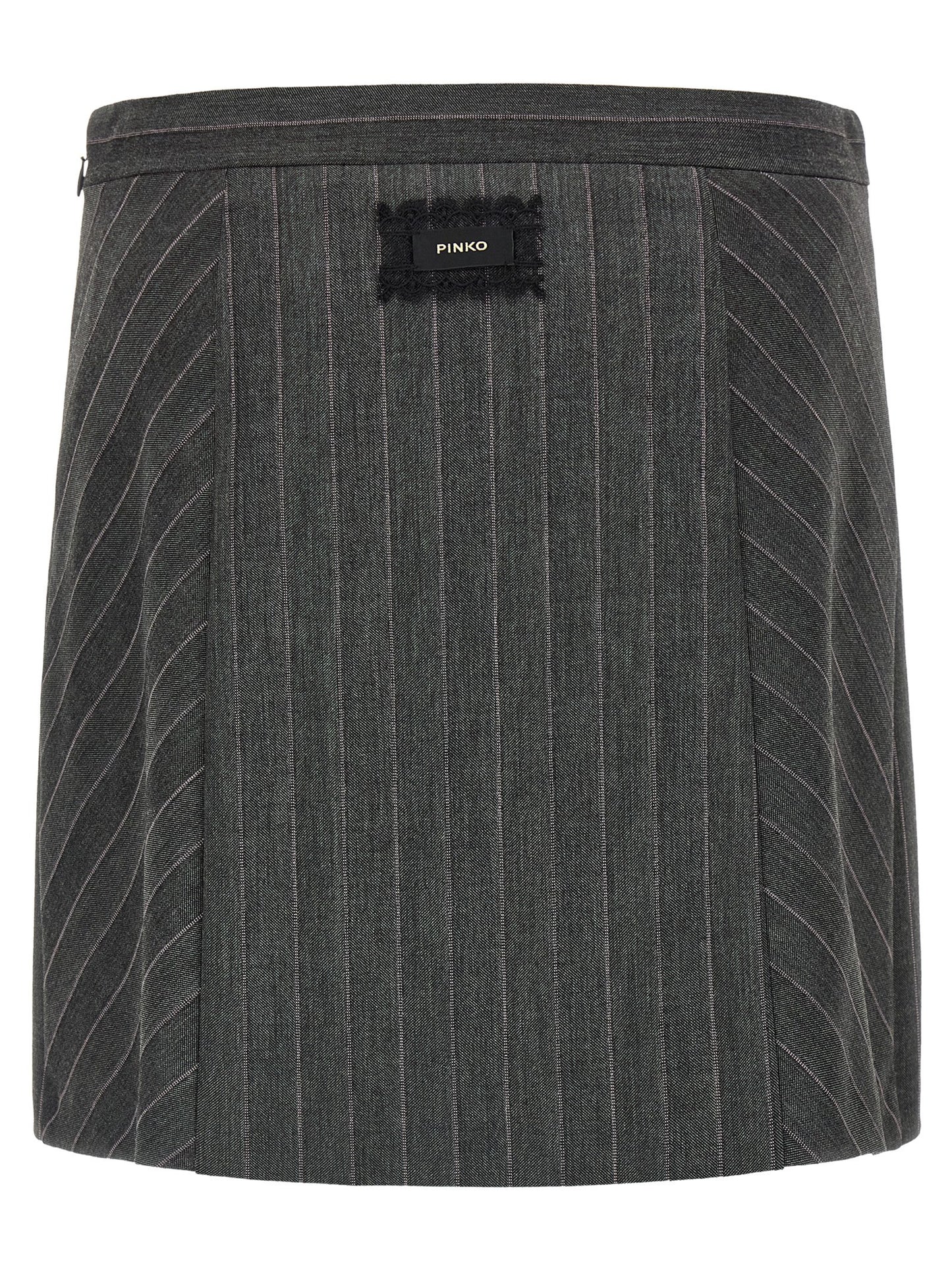 Skirt by PINKO for women in polyester & wool gray & pinstripe features a captivating silhouette, showcasing the captivating Women's Flared Low Rise Polyester & Wool Skirt design with a sophisticated mini long for a captivating look.