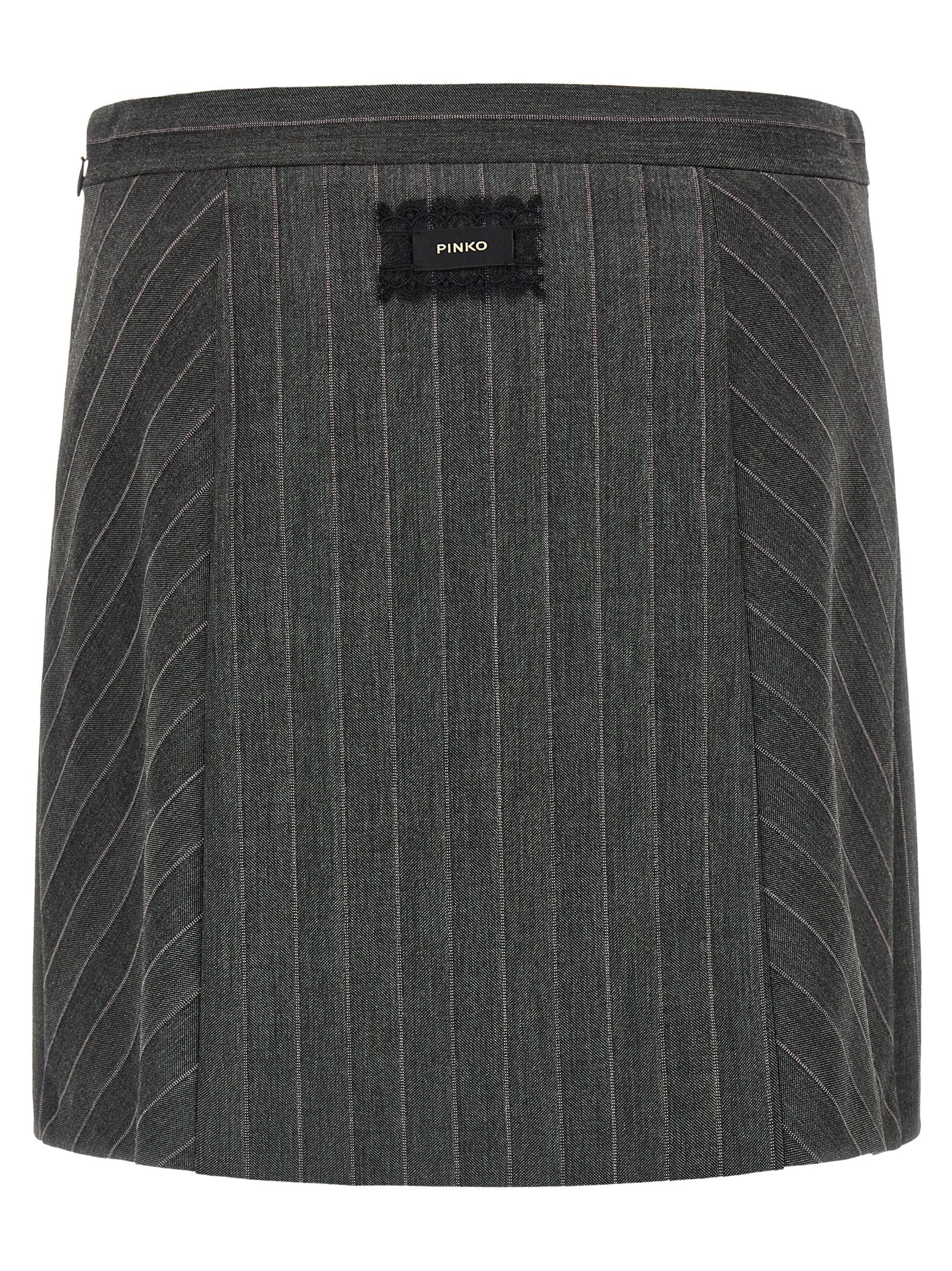 Skirt by PINKO for women in polyester & wool gray & pinstripe features a captivating silhouette, showcasing the captivating Women's Flared Low Rise Polyester & Wool Skirt design with a sophisticated mini long for a captivating look.
