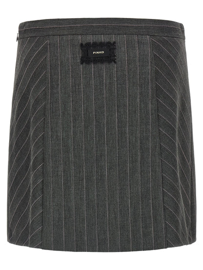 Skirt by PINKO for women in polyester & wool gray & pinstripe features a captivating silhouette, showcasing the captivating Women's Flared Low Rise Polyester & Wool Skirt design with a sophisticated mini long for a captivating look.