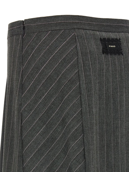 Skirt by PINKO for women in polyester & wool gray & pinstripe showcases a sultry silhouette, elegantly defined by its mini long and the sophisticated sultry design of the Women's Flared Low Rise Polyester & Wool Skirt.