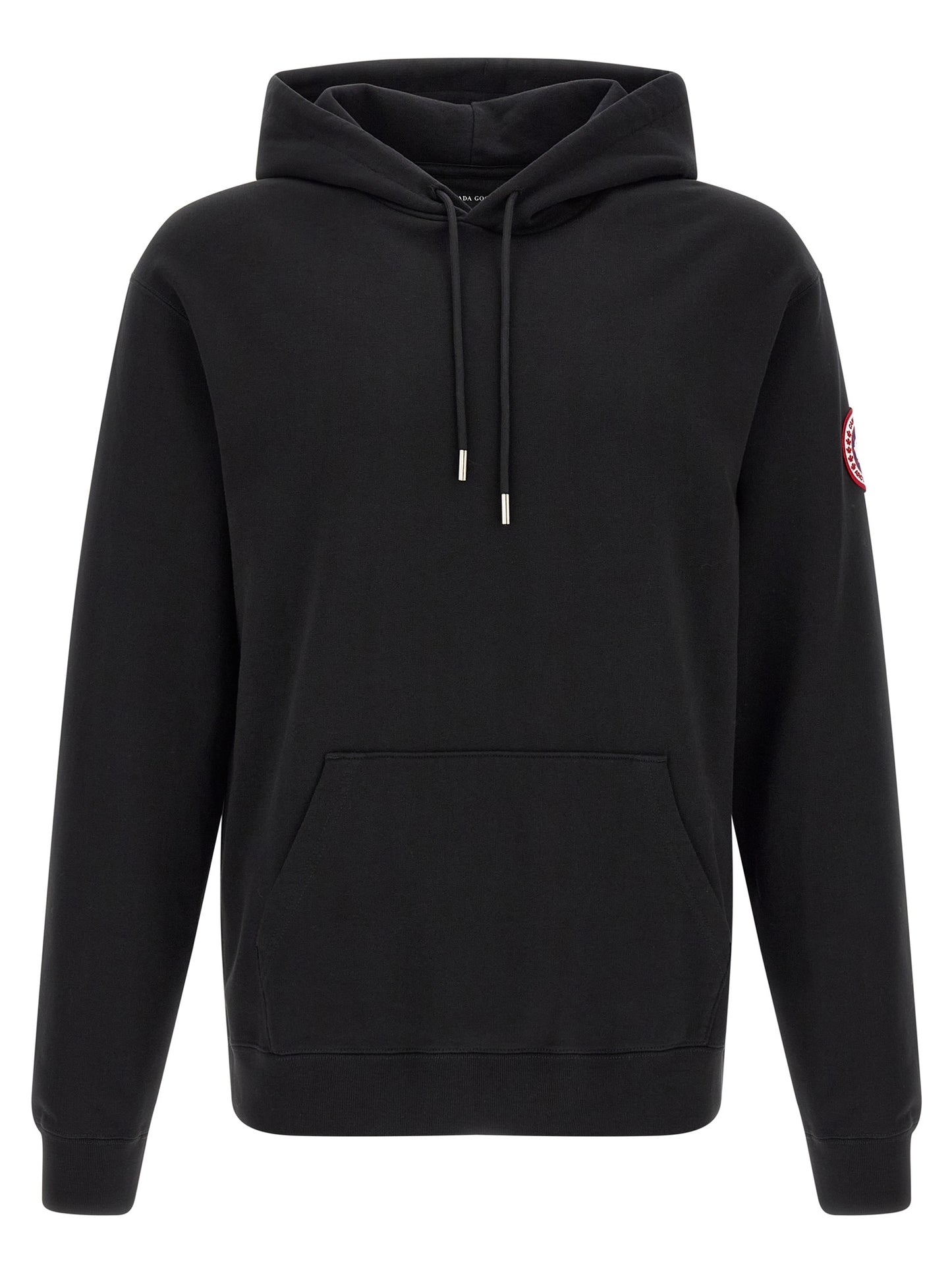 Sweatshirt Hoodie by Canada Goose for men in cotton terrycloth black features an dramatic silhouette, showcasing a sophisticated hooded neckline and dramatic for a refined, modern aesthetic.