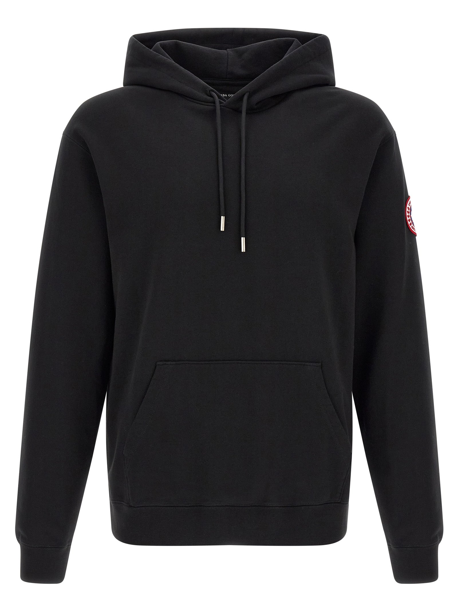 Sweatshirt Hoodie by Canada Goose for men in cotton terrycloth black features an dramatic silhouette, showcasing a sophisticated hooded neckline and dramatic for a refined, modern aesthetic.