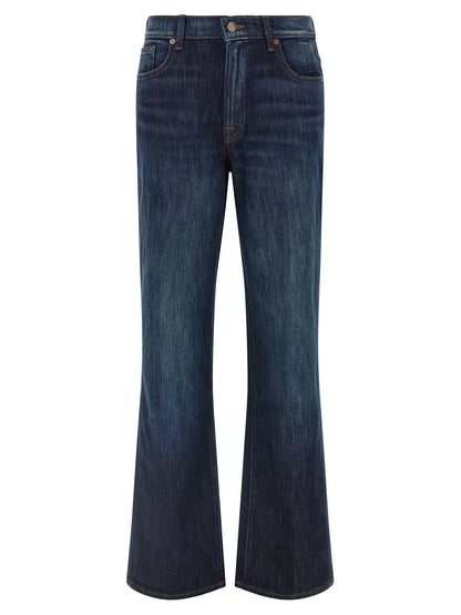 Jeans by 7 For All Mankind for women in stretch denim cotton dark-blue & red presents a tailored silhouette, showcasing a tailored flared and long cut with a refined for a truly tailored aesthetic.