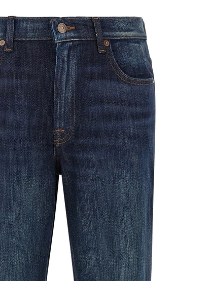 Jeans by 7 For All Mankind for women in stretch denim cotton dark-blue & red presents a tailored silhouette, showcasing a tailored flared and long cut with a refined for a truly tailored aesthetic.