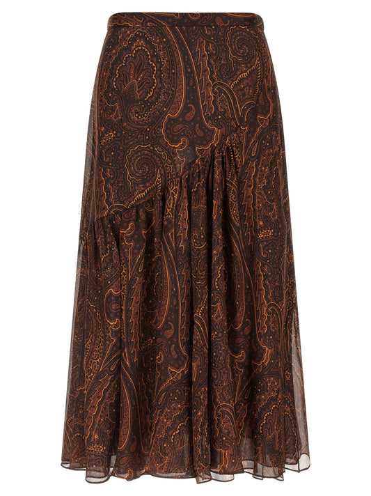 Skirt by Etro for women in silk brown, paisley & print features a captivating silhouette, showcasing the captivating Women's Asymmetrical Silk Skirt design with a sophisticated mini for a captivating look.