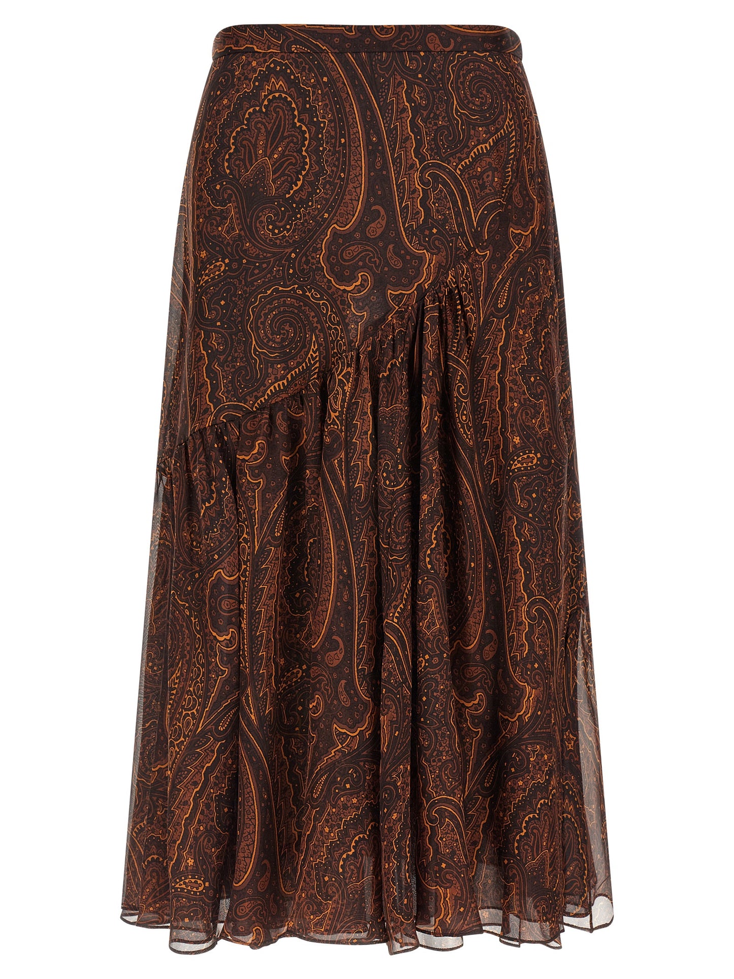 Skirt by Etro for women in silk brown, paisley & print features a sublime silhouette, showcasing the sublime design of the Women's Asymmetrical Silk Skirt in a sophisticated mini.