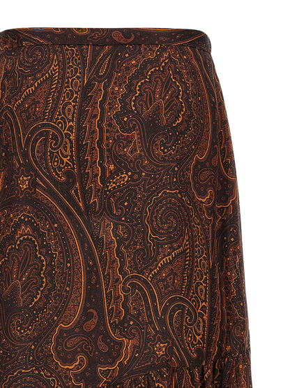 Skirt by Etro for women in silk brown, paisley & print features an relaxed-yet-refined silhouette that elegantly showcases the Women's Asymmetrical Silk Skirt design and sophisticated mini.